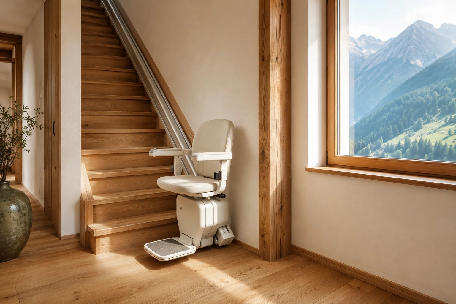Illustration d’un fauteuil monte-escalier au pied d’un escalier en bois, dans une maison lumineuse ouverte sur les montagnes